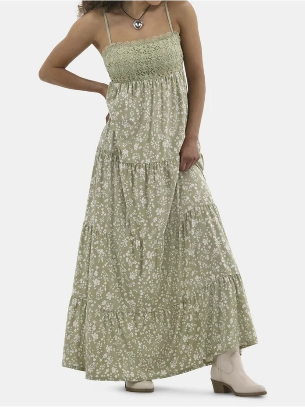 No Boundaries Olive Green Floral Crochet Bodice dress with built in padding